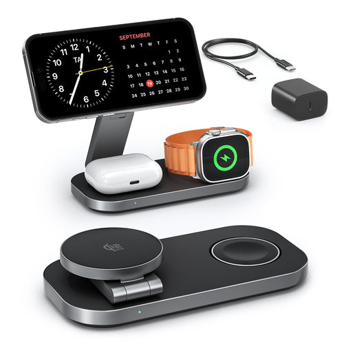 3-in-1 Charging Station for Apple Device, Qi2 25W Certified Magnetic Wireless Foldable Fast Charger Stand Compatible with MagSafe for iPhone 17e/17/16/15/14/13/12/Air Series, Apple Watch & AirPods