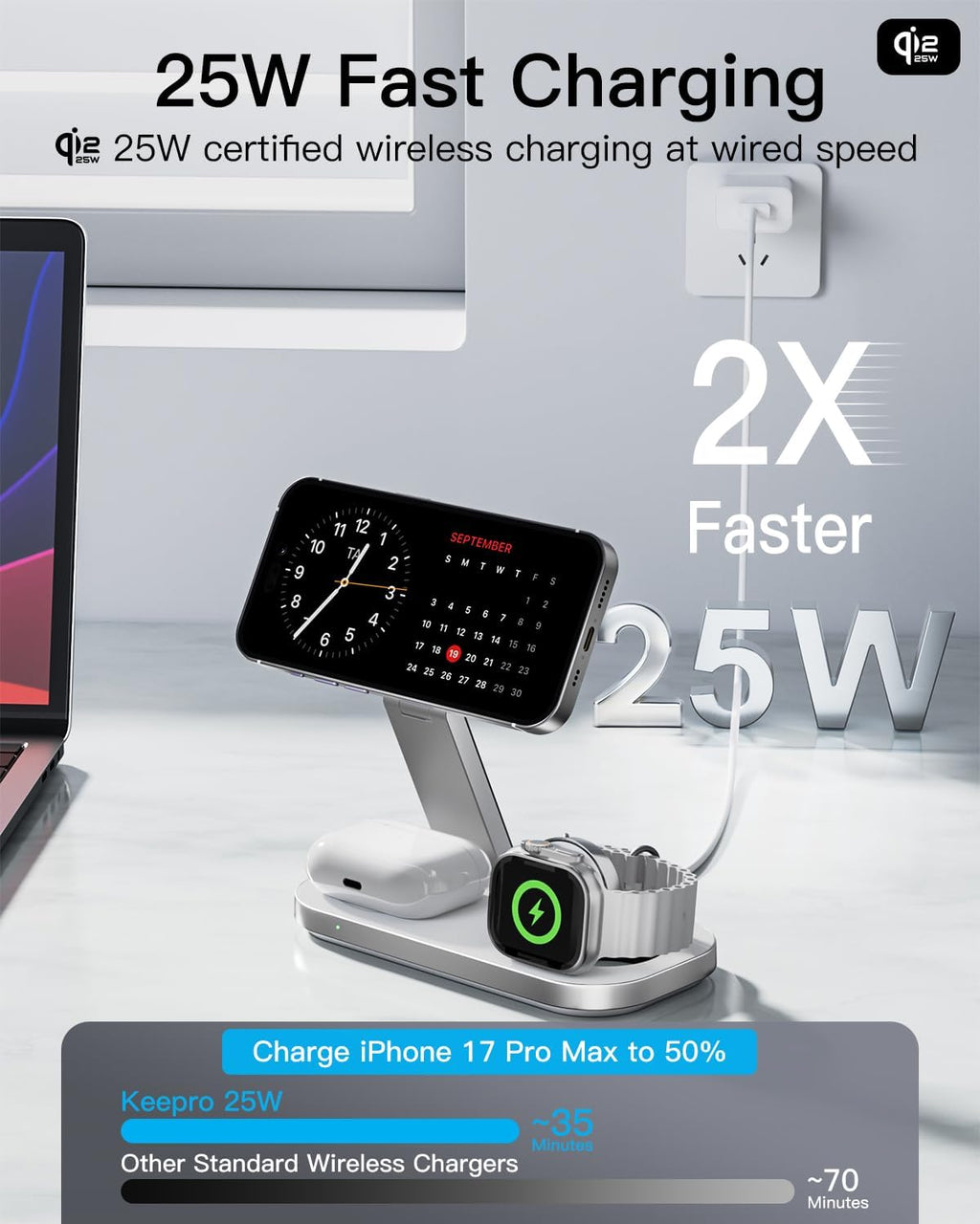 3-in-1 Charging Station for Apple Device, Qi2 25W Certified Magnetic Wireless Foldable Fast Charger Stand Compatible with MagSafe for iPhone 17e/17/16/15/14/13/12/Air Series, Apple Watch & AirPods