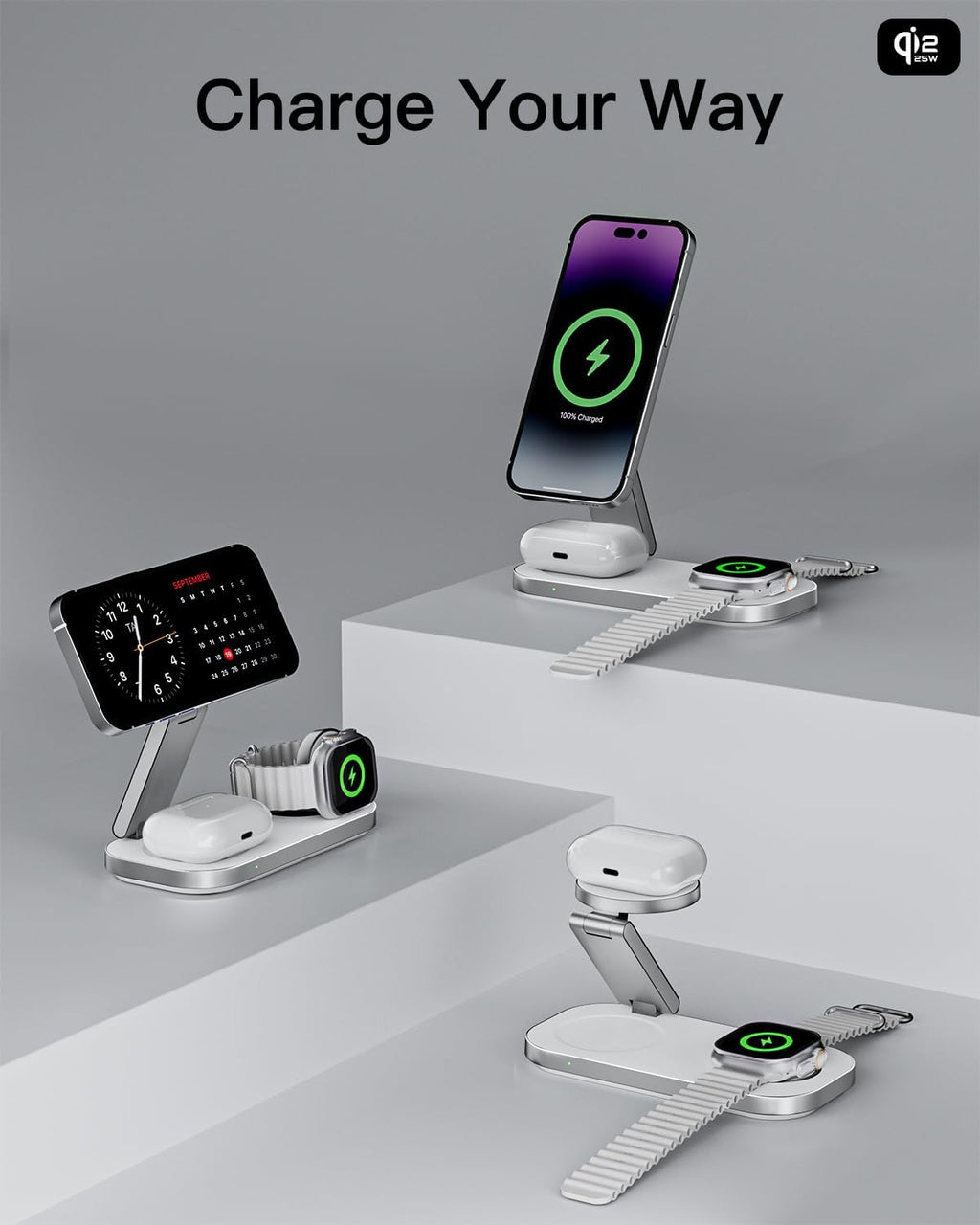 3-in-1 Charging Station for Apple Device, Qi2 25W Certified Magnetic Wireless Foldable Fast Charger Stand Compatible with MagSafe for iPhone 17e/17/16/15/14/13/12/Air Series, Apple Watch & AirPods