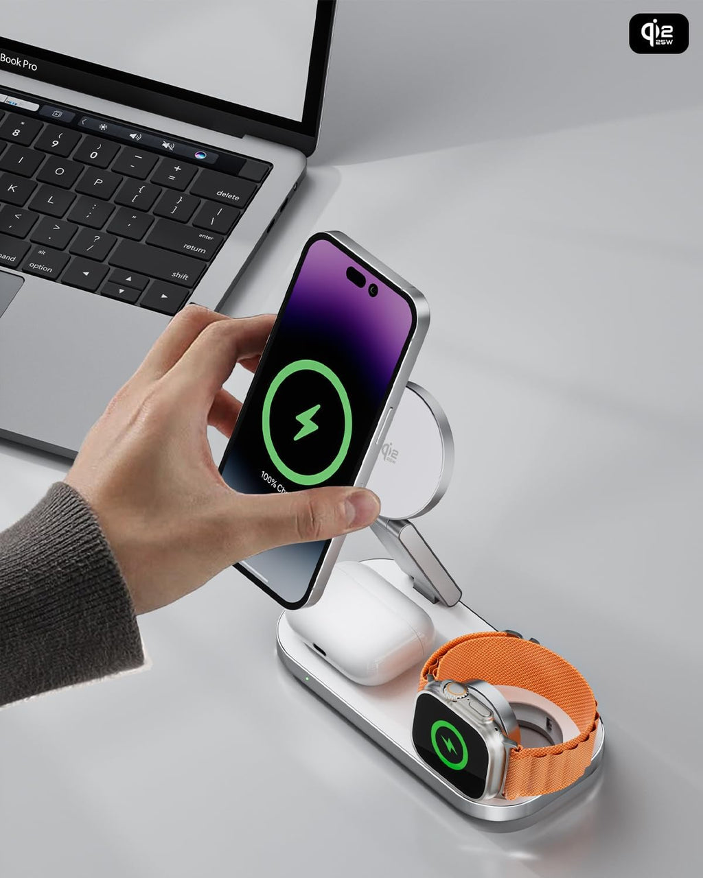 3-in-1 Charging Station for Apple Device, Qi2 25W Certified Magnetic Wireless Foldable Fast Charger Stand Compatible with MagSafe for iPhone 17e/17/16/15/14/13/12/Air Series, Apple Watch & AirPods