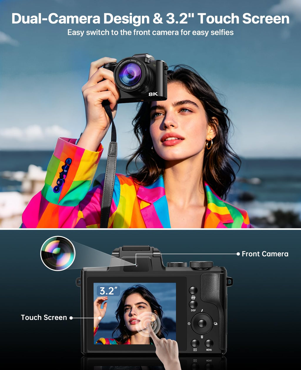 8K Digital Cameras for Photography, 2026 Autofocus 88MP WiFi Professional Photography Camera with Dual-Lens for YouTube, 16X Digital Zoom, TF Card, Lens Hood, Touch Screen,2 Batteries & Charging Stand