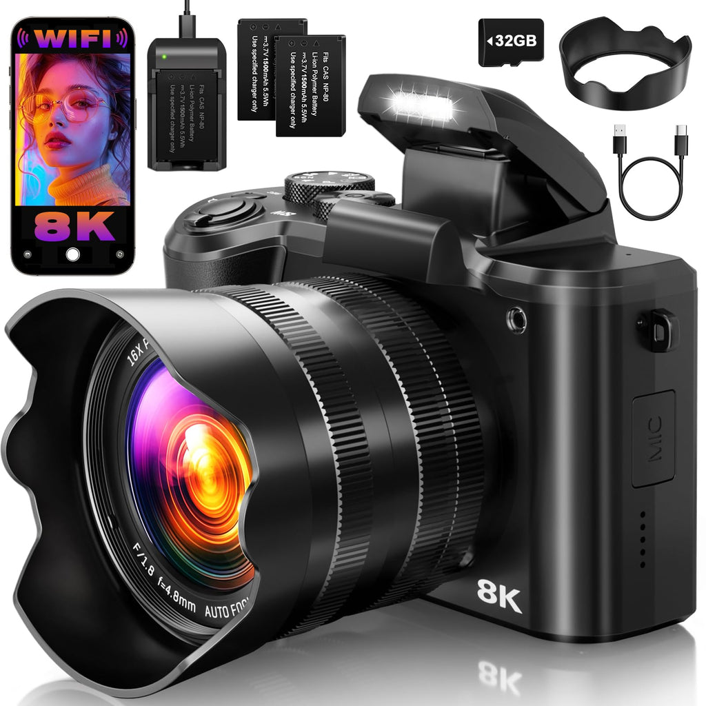 8K Digital Cameras for Photography, 2026 Autofocus 88MP WiFi Professional Photography Camera with Dual-Lens for YouTube, 16X Digital Zoom, TF Card, Lens Hood, Touch Screen,2 Batteries & Charging Stand