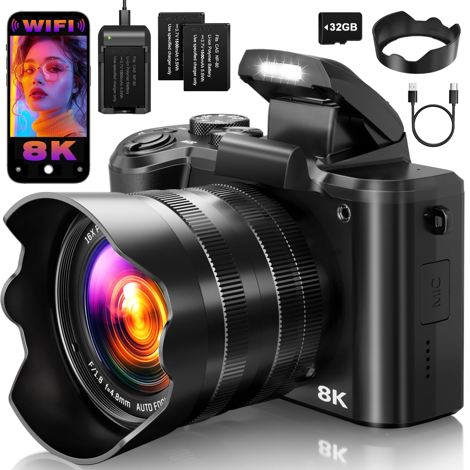 8K Digital Cameras for Photography, 2026 Autofocus 88MP WiFi Professional Photography Camera with Dual-Lens for YouTube, 16X Digital Zoom, TF Card, Lens Hood, Touch Screen,2 Batteries & Charging Stand