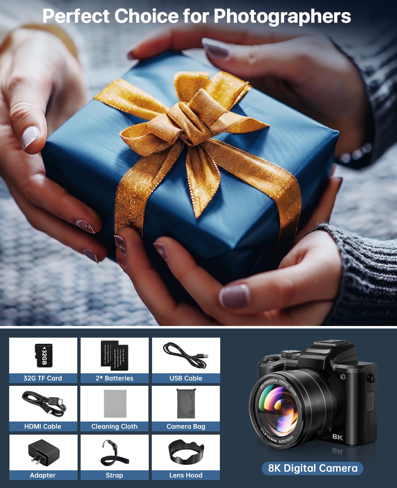 8K Digital Cameras for Photography, 2026 Autofocus 88MP WiFi Professional Photography Camera with Dual-Lens for YouTube, 16X Digital Zoom, TF Card, Lens Hood, Touch Screen,2 Batteries & Charging Stand