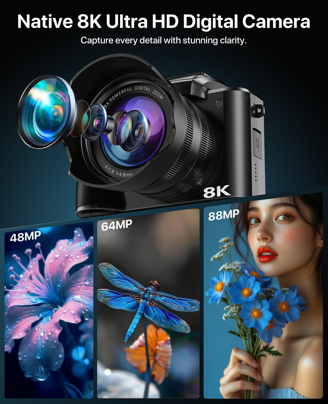 8K Digital Cameras for Photography, 2026 Autofocus 88MP WiFi Professional Photography Camera with Dual-Lens for YouTube, 16X Digital Zoom, TF Card, Lens Hood, Touch Screen,2 Batteries & Charging Stand